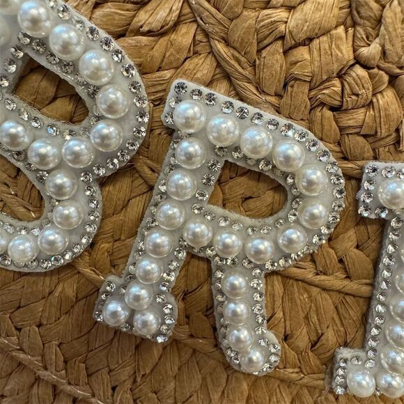 Bride Straw Shoulder Bag/Clutch with Rhinestone Pearl Accents Beige - Picture 3 of 7